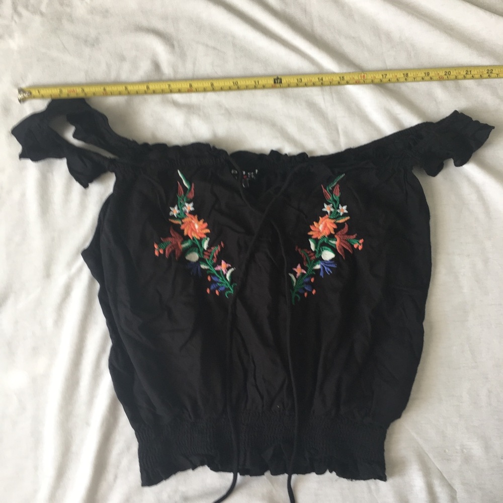 Poof NY lightweight off shoulder black top.